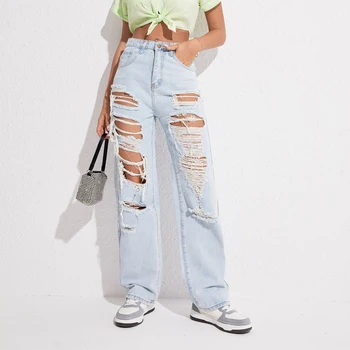 2022 Новые рваные прямые джинсы с высокой талией, женские свободные брюки в стиле хип-хоп, винтажные женские брюки, уличная одежда