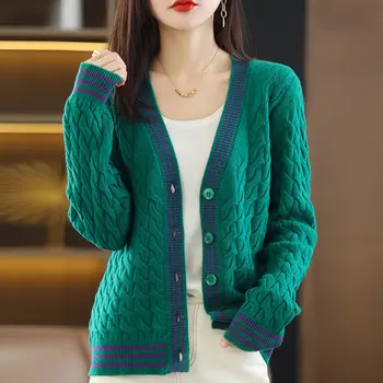 2022 Новый Весенне-осенний укороченный Свитер, Женский кардиган с V-образным вырезом, Корейская мода, Вязаное Женское короткое пальто с длинным рукавом N84