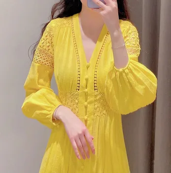 2023 женское новое желтое платье макси с V-образным вырезом, однобортные лоскутные платья с пышными рукавами для дневных и ночных вечеринок