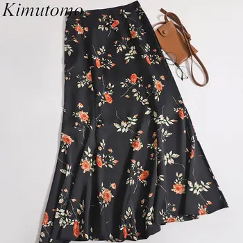 Kimutomo, Винтажный цветочный принт, Контрастная юбка-русалка, Женская элегантная юбка с высокой талией, Простые Универсальные Длинные юбки трапециевидной формы Ins Tide