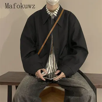 Mafokuwz Куртка-карго на молнии с отворотом, мужская Демисезонная Уличная Свободная Рабочая одежда, пальто Унисекс, Однотонная Простая Черная Бейсбольная форма