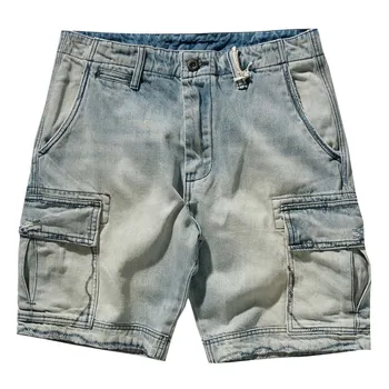 Mcikkny Мужские летние джинсовые шорты-карго с множеством карманов, винтажные джинсовые шорты из выстиранной ткани для уличной мужской одежды