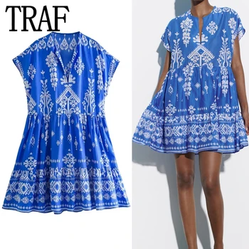 TRAF Blue Mini Dress Woman, Короткие Платья С Винтажным Принтом Для Женщин 2023, С Рюшами И Коротким Рукавом, Свободные Повседневные Летние Женские платья