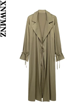 XNWMNZ 2023, женская мода, тренч с эффектом складки, женский тренч в стиле ретро, с лацканами, длинным рукавом, подолом сзади, с разрезом, женская шикарная верхняя одежда