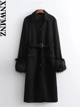 XNWMNZ женское приталенное пальто из смесовой шерсти, женская винтажная мода, воротник с лацканами, искусственный мех, длинные рукава, женские пальто, зима 2021