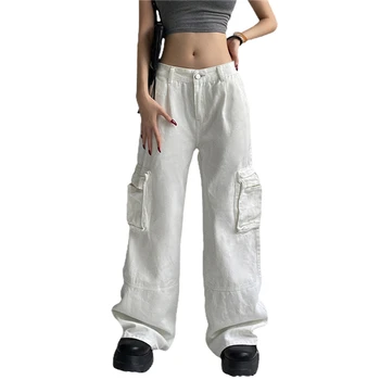 y2k Брюки-карго с низкой талией, женские однотонные брюки свободного кроя с прямыми штанинами и карманами с клапанами, белые спортивные брюки