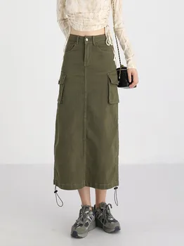 ZHISILAO, Новая длинная юбка-карго, женская модная повседневная джинсовая юбка трапециевидной формы армейского зеленого цвета с разрезом, Лето 2023