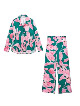 Блузка с лацканами с цветочным принтом, длинные брюки, комплект из двух предметов, рубашки с длинными рукавами, широкие брюки, костюмы 2023, модная женская пляжная одежда