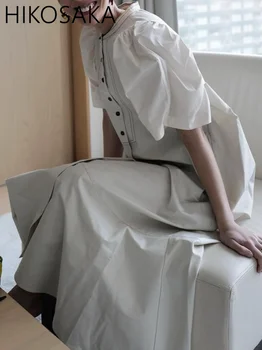 В японском стиле, Винтажное литературное длинное платье с круглым вырезом и пуговицами, Свободный повседневный халат, Женский Весенне-летний шикарный Vestidos