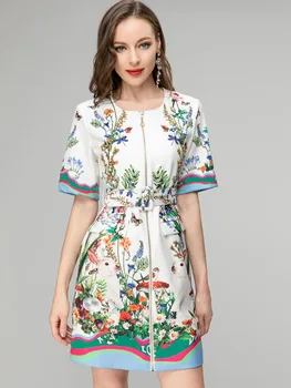 Весенне-летнее уличное женское платье с круглым вырезом и коротким рукавом на молнии с модным принтом Vestidos, Облегающий пояс