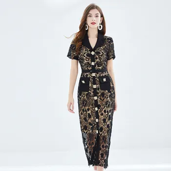 Высококачественное дизайнерское модное летнее платье для подиума, женское однобортное винтажное черное водорастворимое кружевное платье с V-образным вырезом