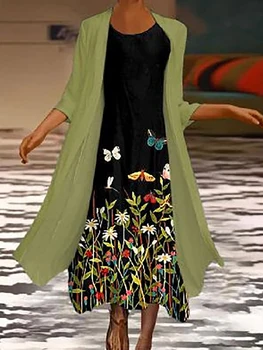 Длинные юбки и пальто без рукавов, женская одежда, женская летняя юбка в тон, комплект из двух предметов, юбка с цветочным принтом, свободный костюм-кардиган