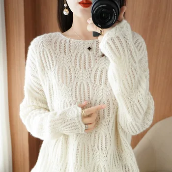 Европейский и американский тренд, женский полый свитер из 100% шерсти, Новый вязаный пуловер с круглым вырезом, женский кашемировый свитер тонкого фасона