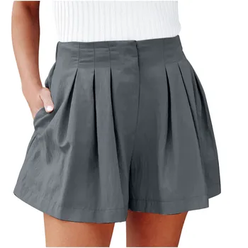 Женские летние шорты с эластичной резинкой на талии, повседневные широкие плиссированные шорты с карманами, модные однотонные женские короткие брюки шорты