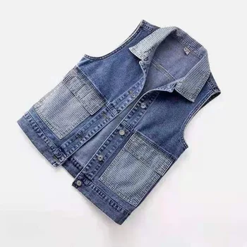 Женский джинсовый жилет 4XL, синяя женская куртка без рукавов, Корейское приталенное джинсовое пальто, Однобортный короткий жилет большого размера, летний