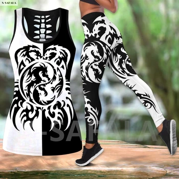 Женский комбинированный комплект для йоги с 3D принтом Dragon YinYang Tattoo, жилет, открытая майка, леггинсы с высокой талией, летний повседневный спорт