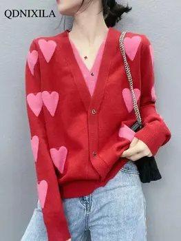 Женский свитер, трикотажный кардиган с V-образным вырезом, жаккардовый кардиган Love, свитер с длинными рукавами, Корейский модный кардиган для женщин