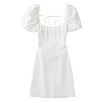 женское белое модное льняное платье с квадратным вырезом, короткими пышными рукавами, перекрещивающимися бретельками на спине, платье для женщин