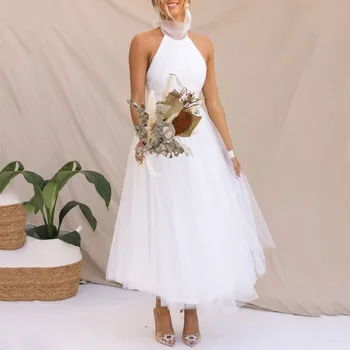 Женское кружевное бальное платье для праздничной вечеринки, свадебное платье с высоким воротом, сетчатые однотонные элегантные повседневные платья