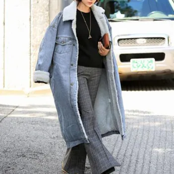 Зимние женские джинсовые куртки, утепленное Теплое флисовое Длинное джинсовое пальто, уличная одежда в стиле панк, Универсальная потертая верхняя одежда Осень-зима