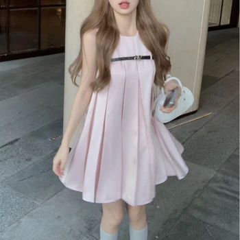 Корейское модное плиссированное Розовое элегантное платье без рукавов Для женщин 2023, летнее новое свободное универсальное мини-платье с круглым вырезом