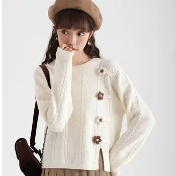 Короткий свитер с объемным цветком Для женщин На осень И весну, Новый сладкий топ в корейском стиле абрикосового цвета с круглым вырезом.