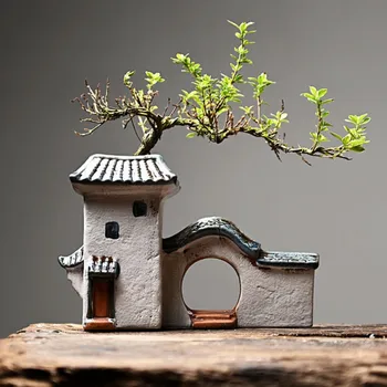 Креативный Цветочный Горшок в форме дома в китайском стиле, Керамический Домашний Офис, Настольный Контейнер для зеленых растений, Бонсай, Садовый декор, поделки