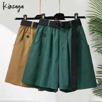 Летние уличные шорты-бермуды, женские Зеленые Элегантные Классические плиссированные эластичные капри с высокой талией и широкими штанинами, Тонкие Мягкие Короткие брюки, женские
