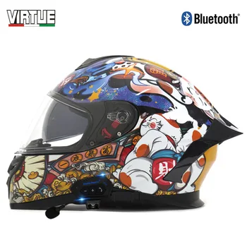 Мотоциклетный шлем VIRTUE, сертифицированный 3C, мужской и женский, с большим хвостом, с двойной линзой, с Bluetooth, полный шлем, шлем для бега по пересеченной местности
