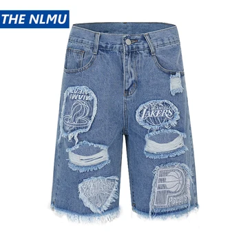 Мужские рваные джинсовые шорты 2023, летняя мода, джинсовые шорты с заплатками из потертых дыр, уличная одежда Harajuku, короткие брюки, синий Y2K