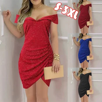 Облегающее мини-платье с открытыми плечами, женское летнее платье-карандаш без рукавов с V-образным вырезом, женские красные, синие, черные Элегантные вечерние платья
