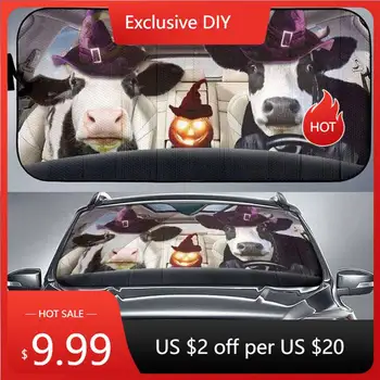 Пара коров в шляпах ведьм, Солнцезащитный козырек для автомобиля на Хэллоуин, подарок для любителей коров, солнцезащитный козырек от ультрафиолетового излучения на лобовом стекле автомобиля