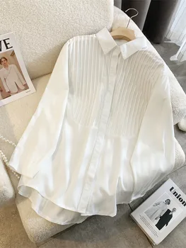Плиссированная шифоновая рубашка с длинным рукавом, женские блузки свободного кроя в корейском стиле, Весенняя одежда, Новые женские однобортные Белые топы