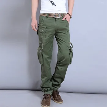 Походные брюки с несколькими карманами на открытом воздухе Прямой Хлопчатобумажный комбинезон Треккинговые спортивные Свободные Военные брюки Мужские брюкиКарго Большого размера