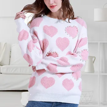 Пуловер с длинными рукавами и жемчужным принтом из ткани h с принтом в виде сердечка