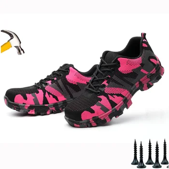 Розовая камуфляжная женская защитная обувь для работы, легкий размер 36-48, дышащие рабочие ботинки со стальным носком, противоударная защитная обувь