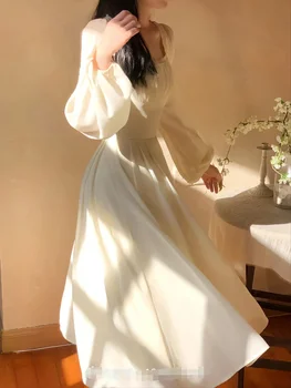Романтическое французское шикарное винтажное платье с квадратным вырезом и рукавом-фонариком в стиле принцессы средней длины, цельнокроеное платье для женщин