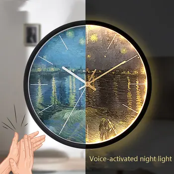 Управление звуком Светящиеся Настенные часы LED Река Рона Звездная Ночь Настенные Часы Металлическое Украшение Функция Ночника Часы