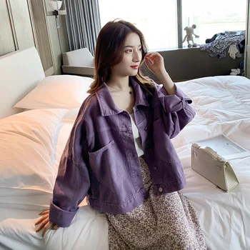 Фиолетовая свободная джинсовая короткая куртка, женское весеннее корейское модное повседневное укороченное пальто, однобортный уличный топ в стиле ретро Harajuku