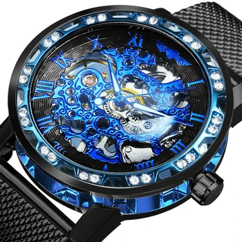 Часы Winner Blue Skeleton, мужские механические часы со скелетом, мужские модные наручные часы с ремешком из нержавеющей стали, лучший бренд класса люкс
