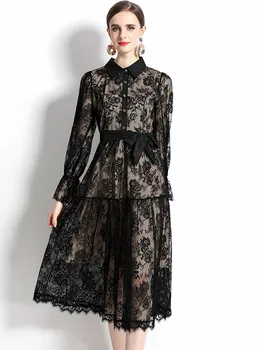 Что-то Новенькое, весеннее, знаменитое, черное кружевное открытое платье, женские Элегантные расклешенные платья с длинными рукавами и завязками, женская одежда