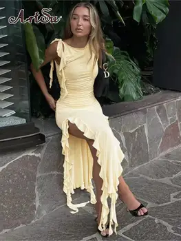 Элегантное длинное платье с оборками без рукавов для женщин, сексуальное тонкое платье Макси с разрезом, летнее праздничное платье для дня рождения 2023